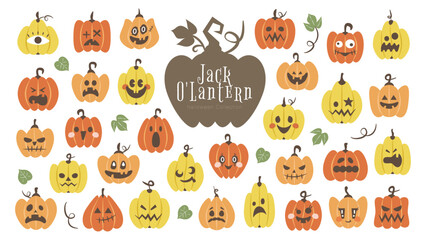 ハロウィンのかぼちゃ（ジャックオーランタン）のイラストセット 31種