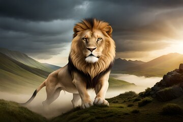 beautiful lion standing on edge of hill-generated Ai