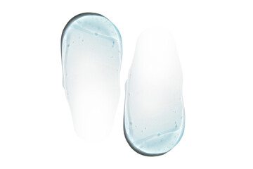 Composition of smears and drops or drops of a transparent blue gel, serum. On an empty transparent background.