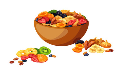 Vector illustration of a bowl with delicious dried fruits isolated on white. Dried fruits in cartoon style: pineapple, kiwi, dates, dried apricots, prunes, raisins, oranges, strawberries, bananas,figs