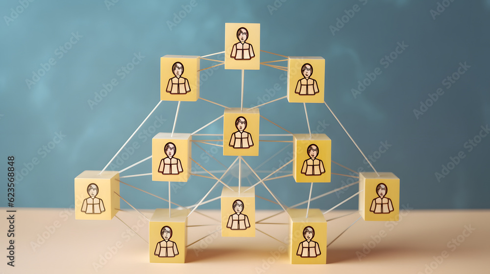 Poster wooden cube block print screen person icon which link connection network for organisation structure 