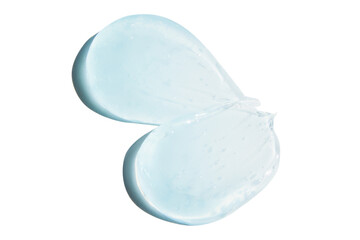 Composition of smears and drops or drops of a transparent blue gel, serum. On an empty transparent background.
