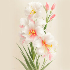 watercolor, vintage style, large beautiful bouquet of flowers, pink gladiolus inflorescence