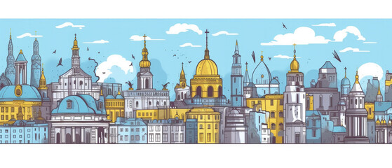 Ukraine Landmarks Skyline Silhouette Style, Colorful, Cityscape, Travel and Tourist Attraction - Generative AI