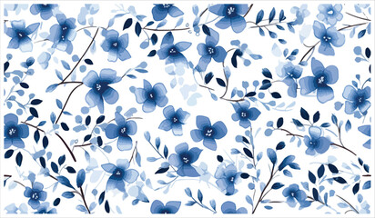 Blue flower Blue leaves seamless pattern with green leaves   for digital printing