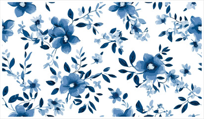 Blue flower Blue leaves seamless pattern with green leaves   for digital printing