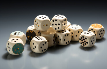 Group of  dices bunch up together on a gray background. 