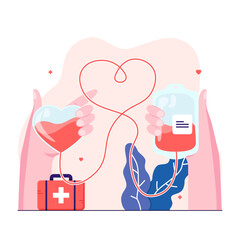 Hand holding blood bag transfers blood to the hand holding heart-shaped blood bag