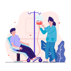 Man sitting in chair with medical drip, nurse collecting blood from donor