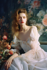 portrait of a woman/model/book character in a royal princess/fairy dress in floral setting in a fashion/beauty editorial magazine style film photography look  - generative ai art