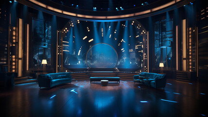Immersive TV studio stage, with led and spotlights lights and luxury couch
