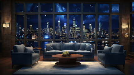 Immersive TV studio stage, with led and spotlights lights and luxury couch