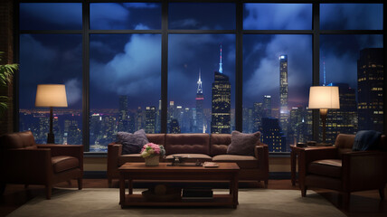 Immersive TV studio stage, with led and spotlights lights and luxury couch