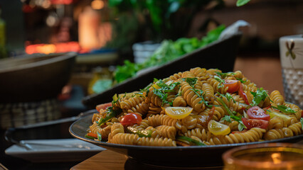 Healthy pasta salad in hotel restaurant buffet
