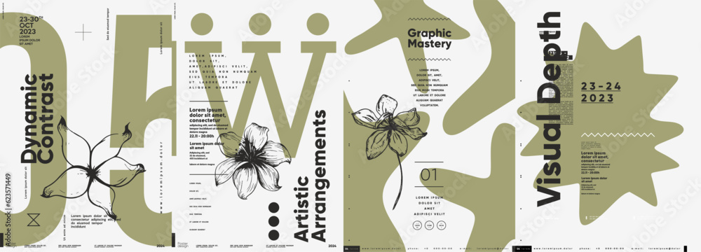 Fototapete Typographic design and minimalistic background elements. A set of vector elements for designing posters, labels, banners.  Brochure template layout. Modern vector graphics.