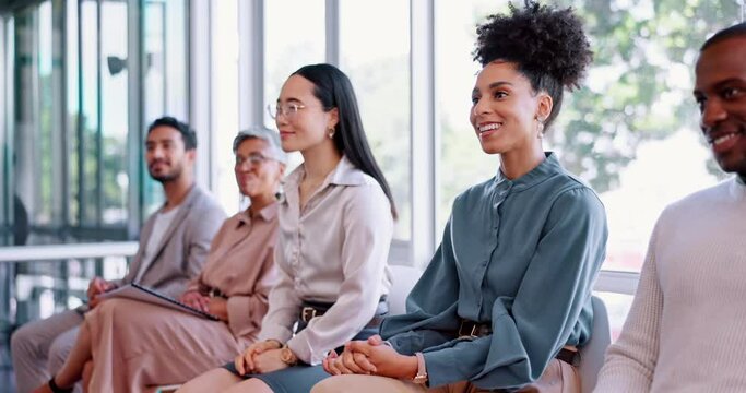 Job interview, training and question with woman in office for recruitment, teamwork and hiring. Human resources, workshop and meeting with business people in agency for consulting and feedback