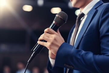 Motivational speaker with microphone performing.