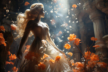 Mystische Szene einer Frau umgeben von fallenden Blüten in ansprechenden Licht mit Säulen im Hintergrund, AI generiert