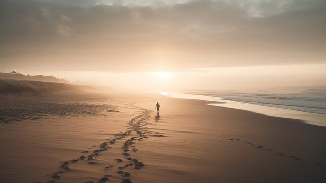 Illustration of an ethereal image of a misty beach at sunset. Beach with a solitary figure walking in the distance in a surreal and dramatic atmosphere. Realistic 3D illustration. Generative AI