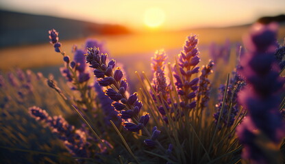Lavender field in the rays of the evening sun.Generative AI