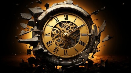 Obraz premium Gold colour clock broken into pieces , wasting time concept, time is value like a money
