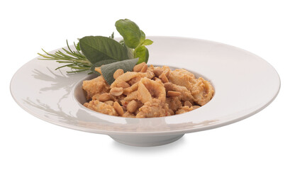 Macaroni conchiglioni served with peanut and tomato pesto. Italian shell-shaped pasta with basil,...