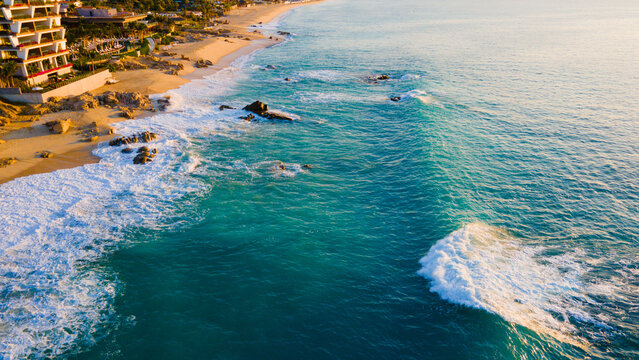 Aerial ocean and coastal beach view in Cabo 