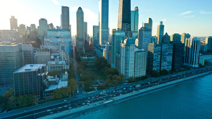 Aerial view of Chicago lakefront and city skyline