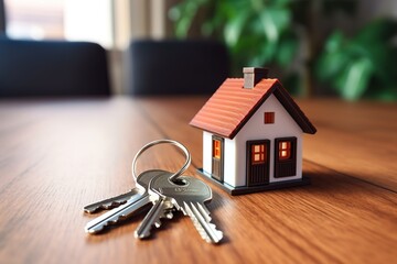 Miniature house and keychain with keys.