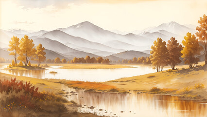Autumn landscape with a river on the plain and mountains in the distance in the style of watercolor painting with a predominance of sepia color, AI generation - obrazy, fototapety, plakaty