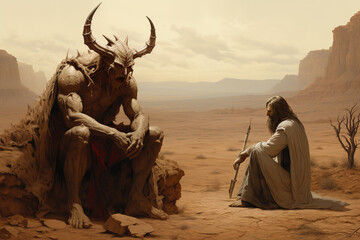 Jesus Christ in the desert, Jesus is tempted by the devil, AI generation