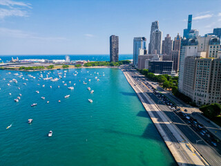 Aerial view of Chicago lakefront and city skyline