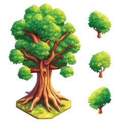Trees and bushes environment for landscape design, decorative nature elements isometric shape for game assets. Isolated on background. Design element.
