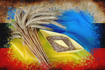 grain wheat and spikelets on a blue background. Ukraine Russia conflict, Ukrainian ship grain and problem of blockade of ports, grain corridor