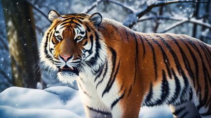 Fototapeta na wymiar A beautiful tiger looks straight into the frame while in a snowy forest.Generative AI