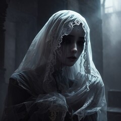 generative ai, ghost, crying, veil, dark fantasy,