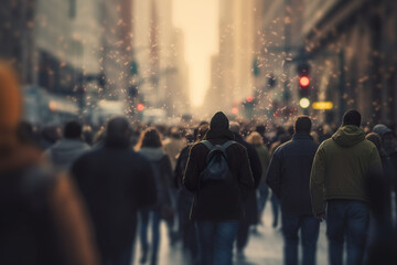 People are walking in the square festivities blurred image. Crowd view of people walking in the street with soft bokeh. Realistic 3D illustration. Generative AI