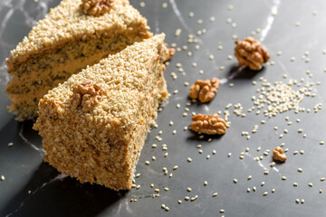 Walnut and poppy seed cake. Close up