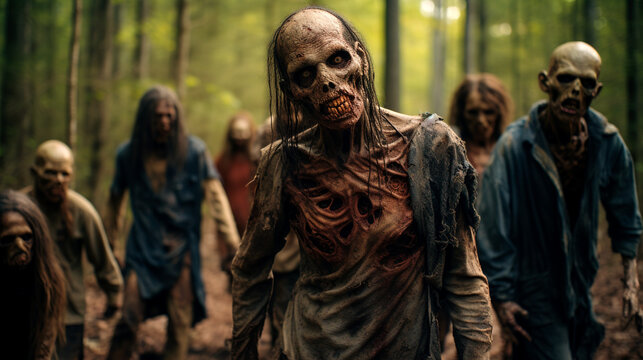 A group of zombies is standing in the woods with faded eyes and decomposed flesh and teeth.