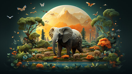 Paper cut style illustration of animal wildlife, protect our earth and environment, concept of ecology and sustainable development