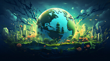 3D earth illustration, green nature environment, concept of ecology and sustainable development goals 