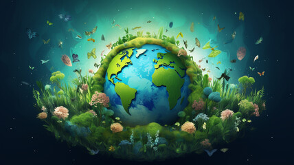 Obraz na płótnie Canvas 3D earth illustration, green nature environment, concept of ecology and sustainable development goals 