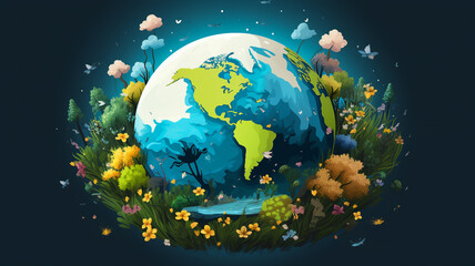 Obraz na płótnie Canvas 3D earth illustration, green nature environment, concept of ecology and sustainable development goals 