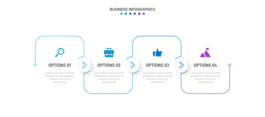 Timeline infographic with infochart. Modern presentation template with 4 spets for business process. Website template on white background for concept modern design. Horizontal layout.