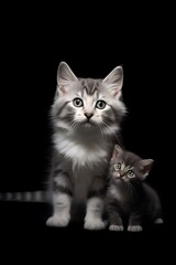 Maine Coon kitten with black tabby kitten on black background ai generated