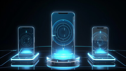 Hologram 3D futuristic mobile phone. Abstract digital user interface technology. Smartphone hangs in the air. Realistic phone with blank screen. Smartphone perspective view with blank screen