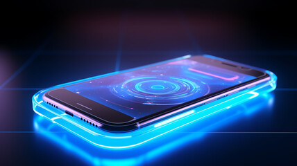 Hologram 3D futuristic mobile phone. Abstract digital user interface technology. Smartphone hangs...