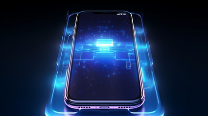Hologram 3D futuristic mobile phone. Abstract digital user interface technology. Smartphone hangs in the air. Realistic phone with blank screen. Smartphone perspective view with blank screen