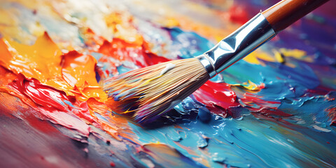 Obraz premium Close-up of a paintbrush creating colorful strokes on a canvas