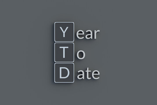 YTD Year to date metallic inscription. Acronym or abbreviation. Top view. 3d render.